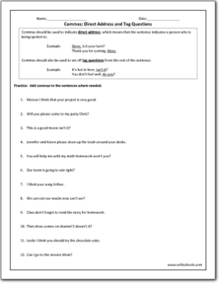 Commas: Direct Address and Tag Questions Worksheet