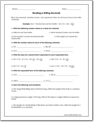 Reading & Writing Decimals Worksheet