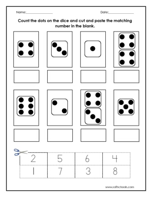 Count the dots on the dice and cut and paste the matching number in the