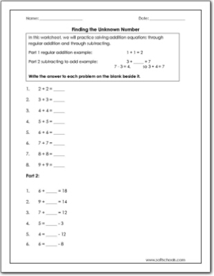 Find The Unknown Number Worksheets