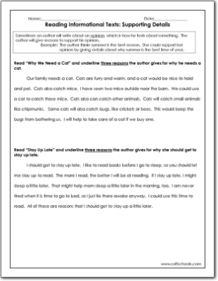 Reading Informational Texts Supporting Details Worksheet