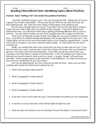 Reading Informational Texts Identifying Topics More Practice Worksheet