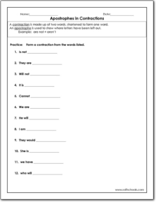 apostrophes in contractions worksheet