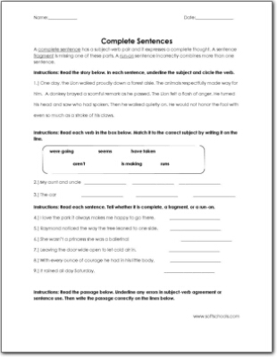 Complete Sentences Worksheet