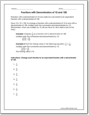 Fractions With Denominators Of 10 And 100 Worksheets