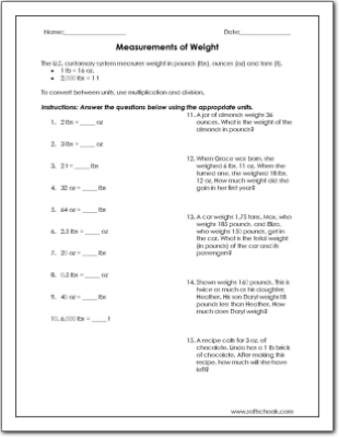 Measurements of Weight Worksheet