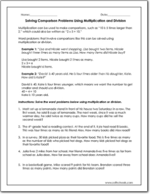 Solving Comparison Problems Using Multiplication and Division Worksheet