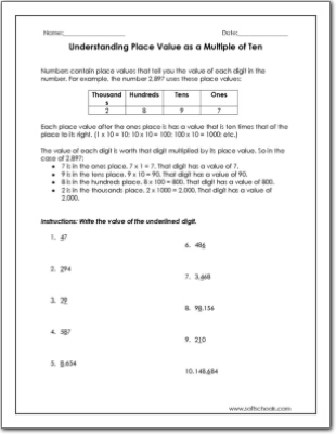 Understanding Place Value as a Multiple of Ten Worksheet