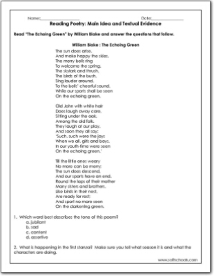  Reading Poetry Main Idea and Textual Evidence Worksheet