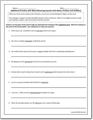 Additional Practice With Word Meanings Words With Roots Prefixes And Suffixes Worksheet