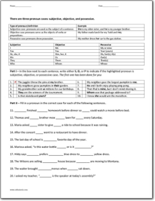 Pronoun cases: subjective, objective, and possessive Worksheet