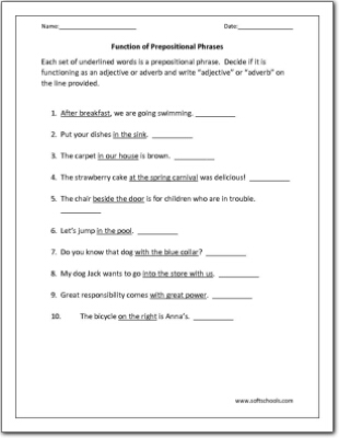 Function of Prepositional Phrases Worksheet