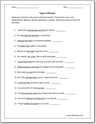 Types of Phrases Worksheet