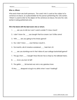 Who vs. Whom Worksheet Worksheet